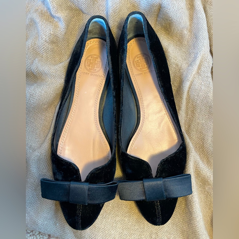 Tory Burch Black Velvet and Satin Bow Ballet Flats